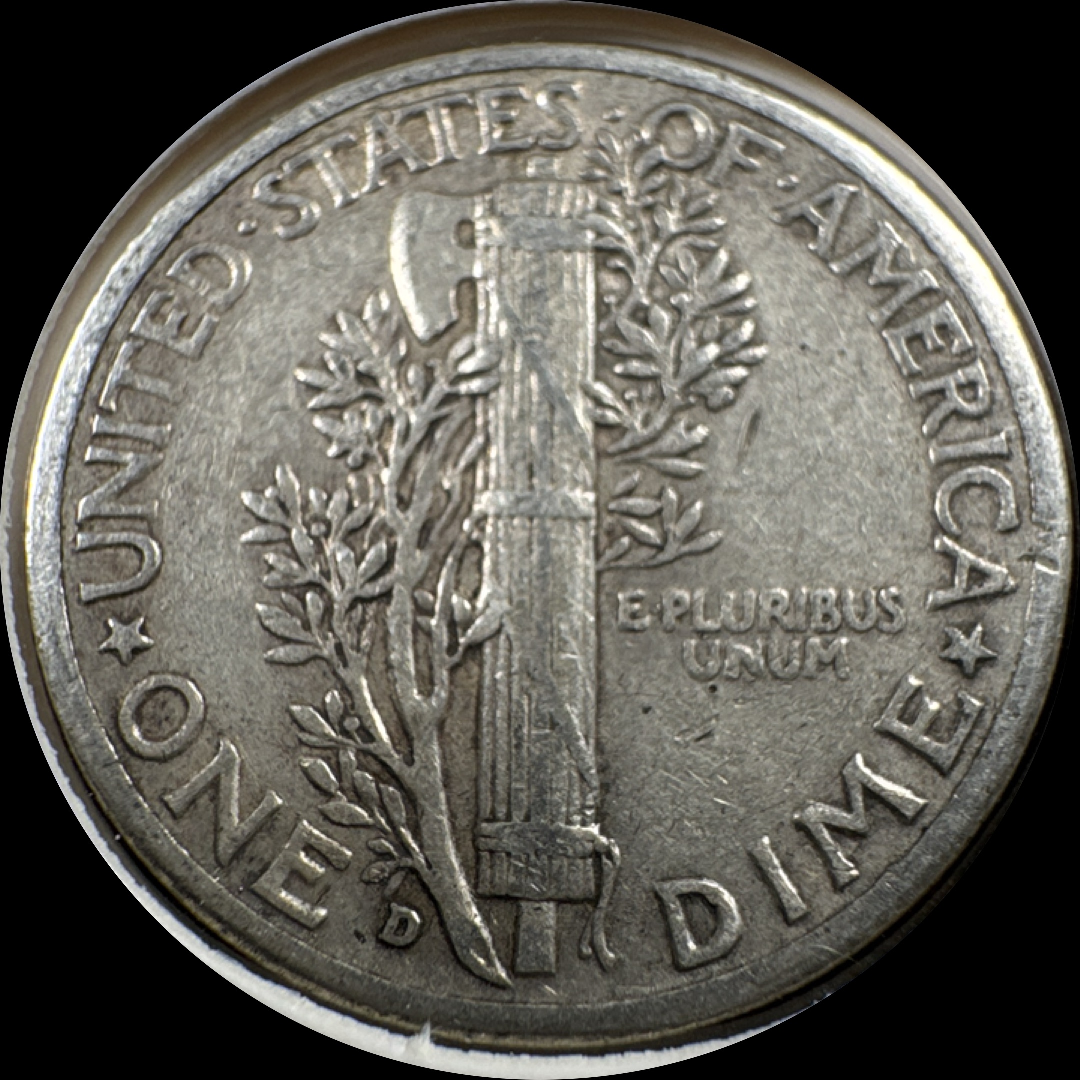 1944-D Mercury Dime Ungraded — back