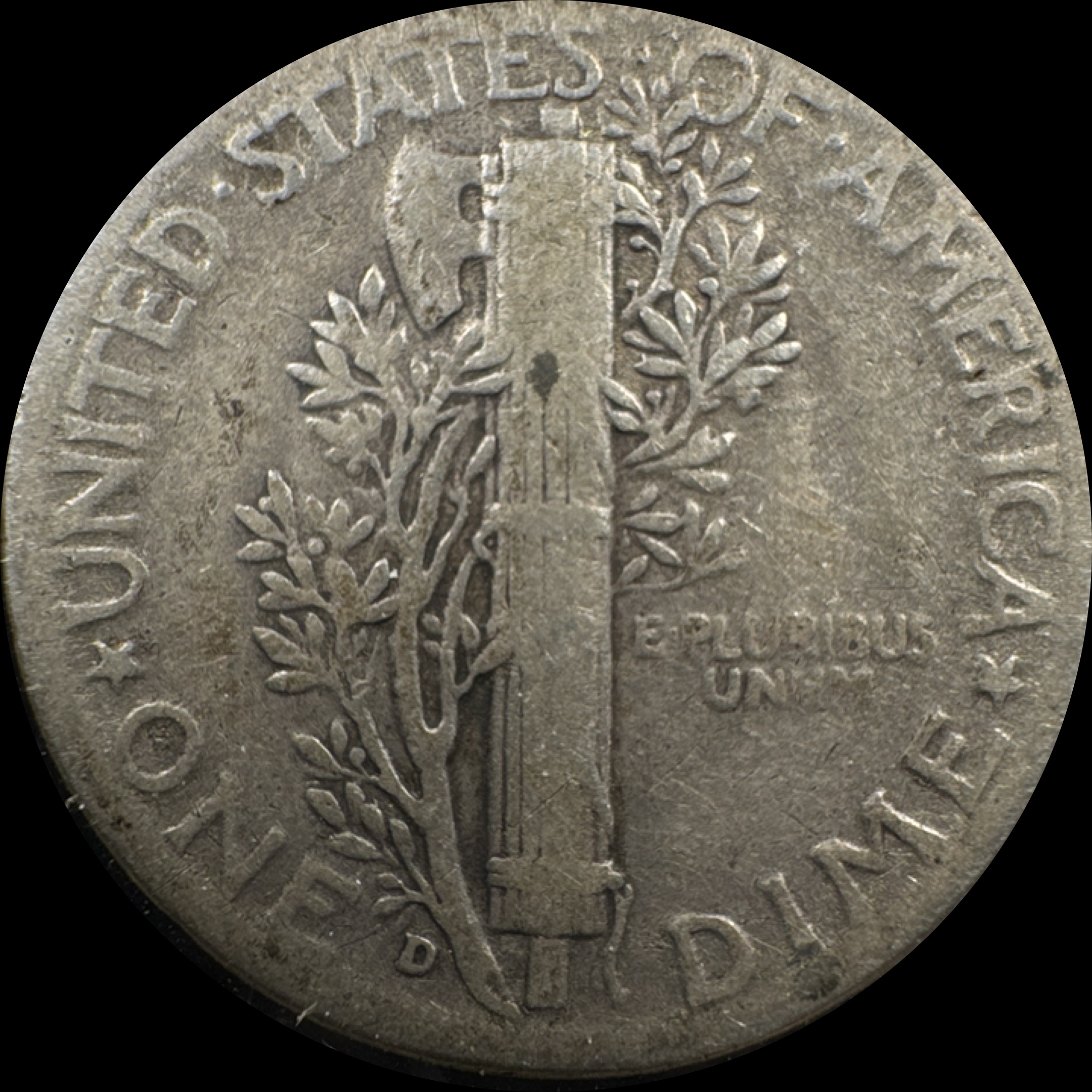 1945-D Mercury Dime Ungraded — back