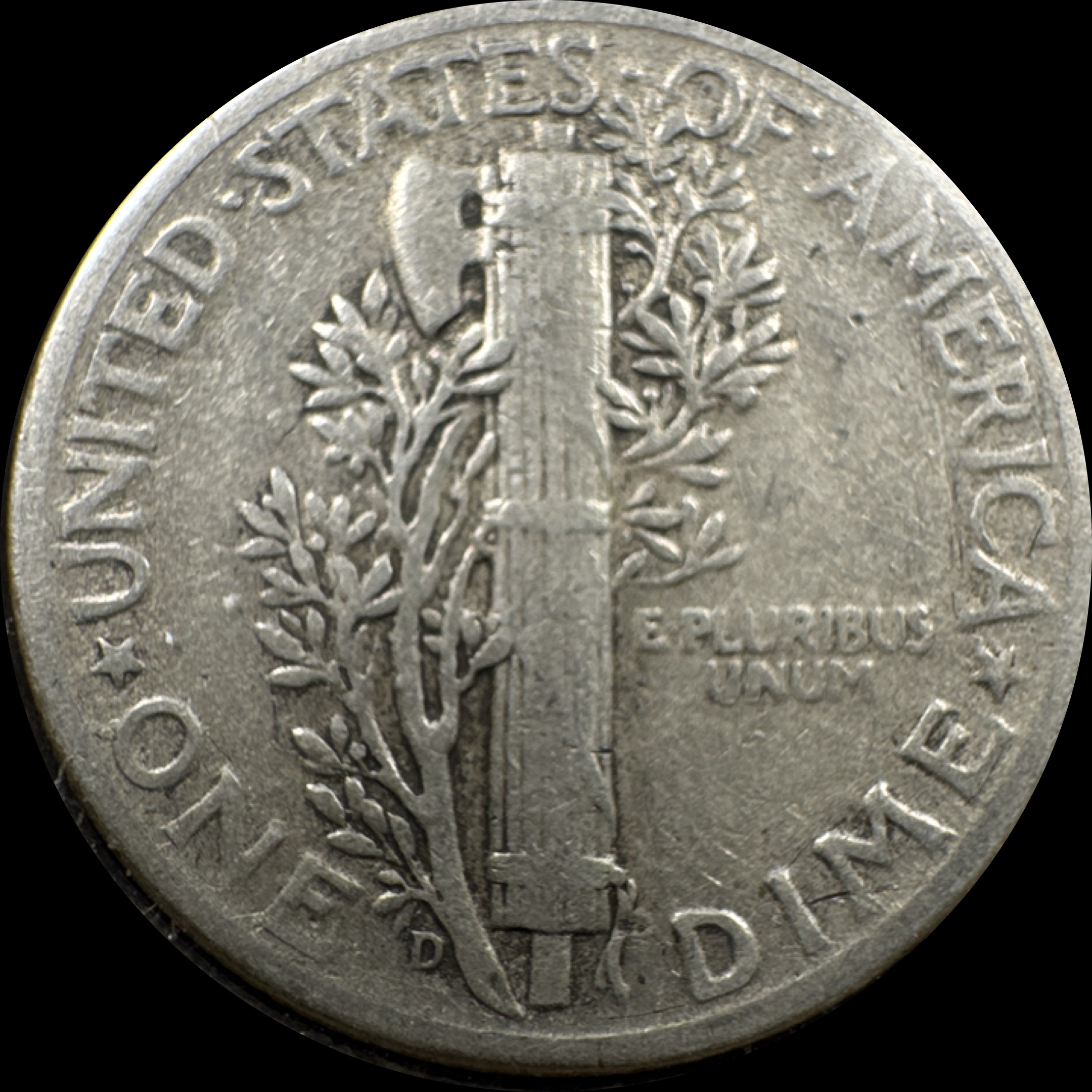 1945-D Mercury Dime Ungraded — back