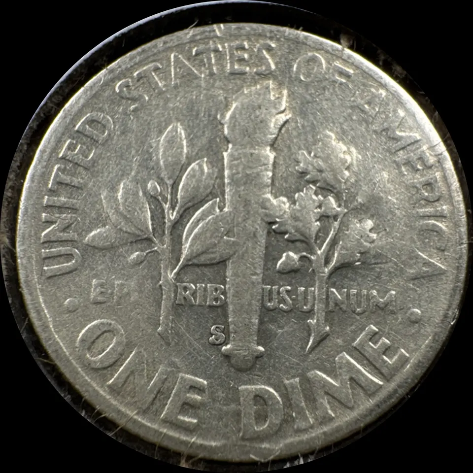 1953-S Roosevelt Dime Ungraded — back